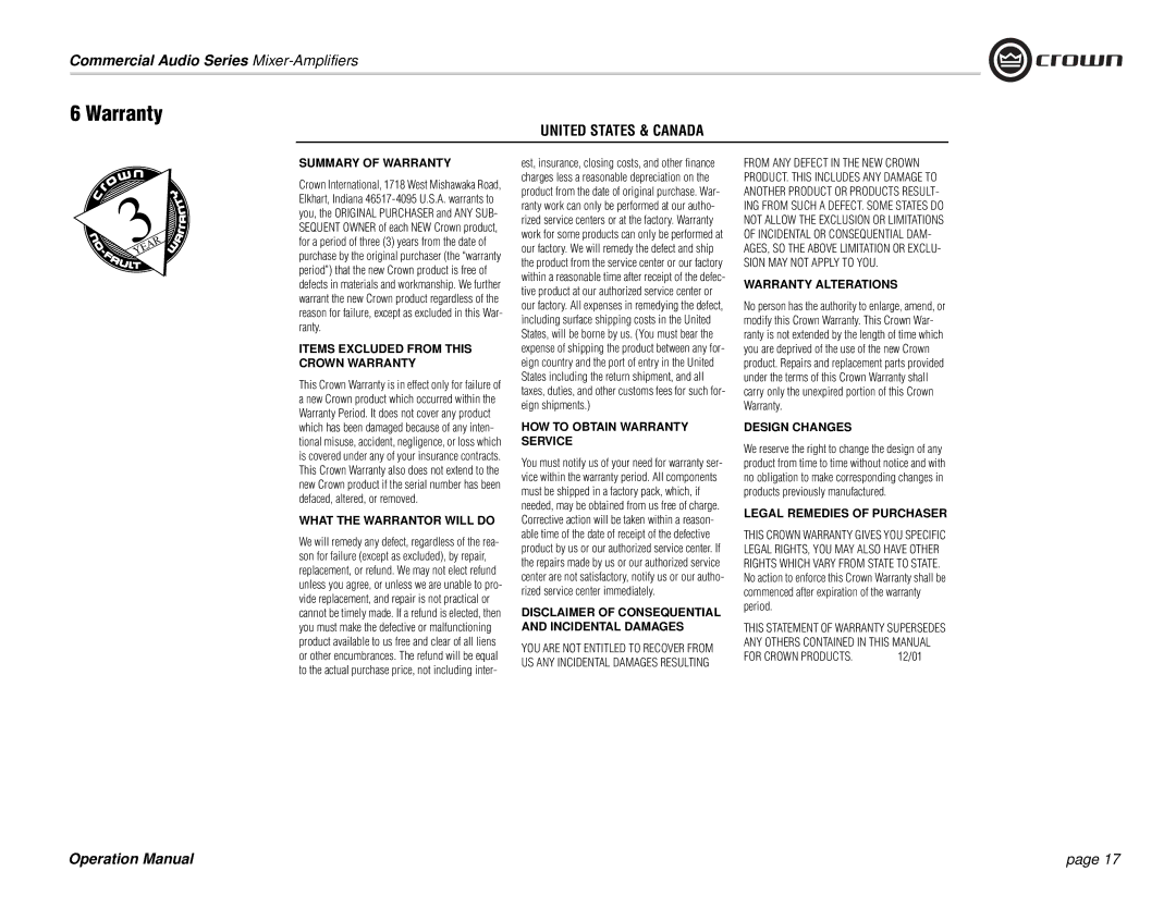 Crown Audio 180MA, 280MA operation manual Warranty, 12/01 