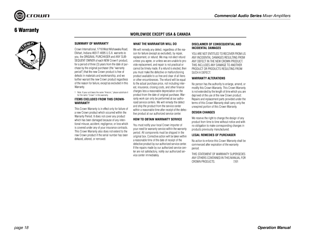 Crown Audio 280MA, 180MA operation manual Worldwide Except USA & Canada 