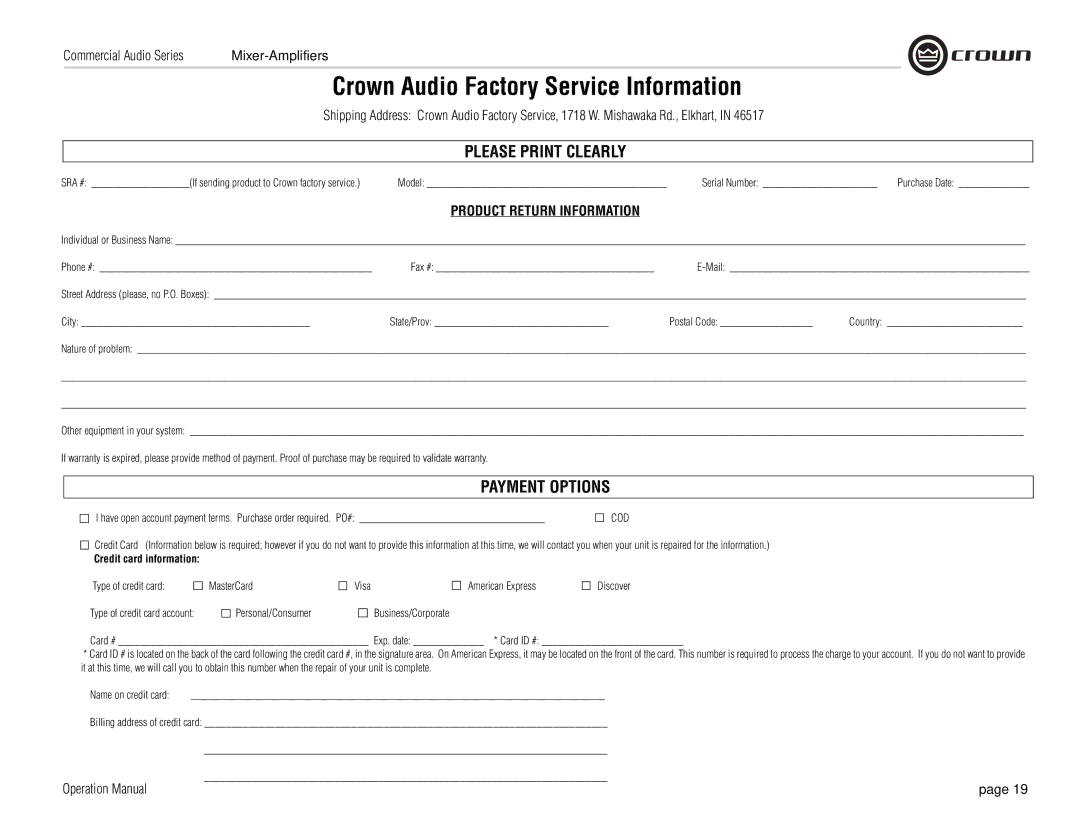 Crown Audio 180MA, 280MA operation manual City State/Prov Postal Code Country, Credit card information, Type of credit card 