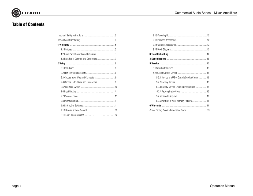 Crown Audio 280MA, 180MA operation manual Table of Contents 