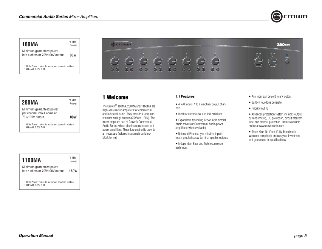 Crown Audio 180MA, 280MA operation manual Welcome, Features 