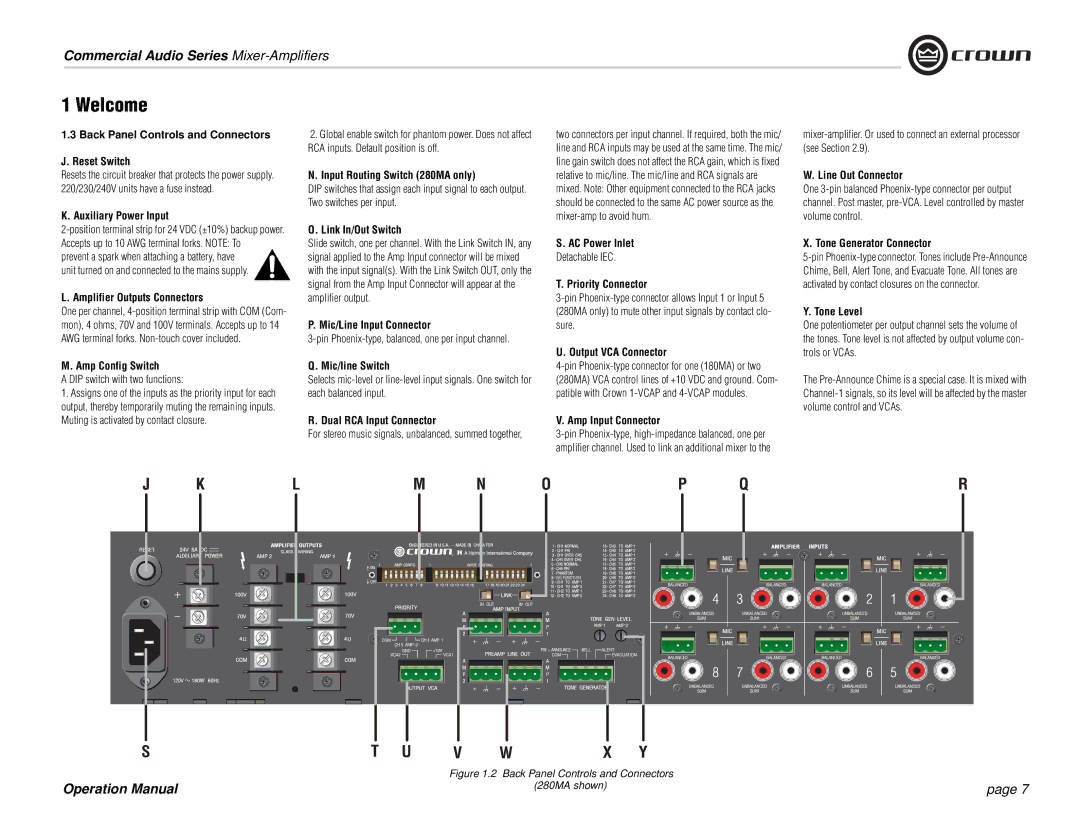 Crown Audio 180MA Back Panel Controls and Connectors Reset Switch, Auxiliary Power Input, Amplifier Outputs Connectors 