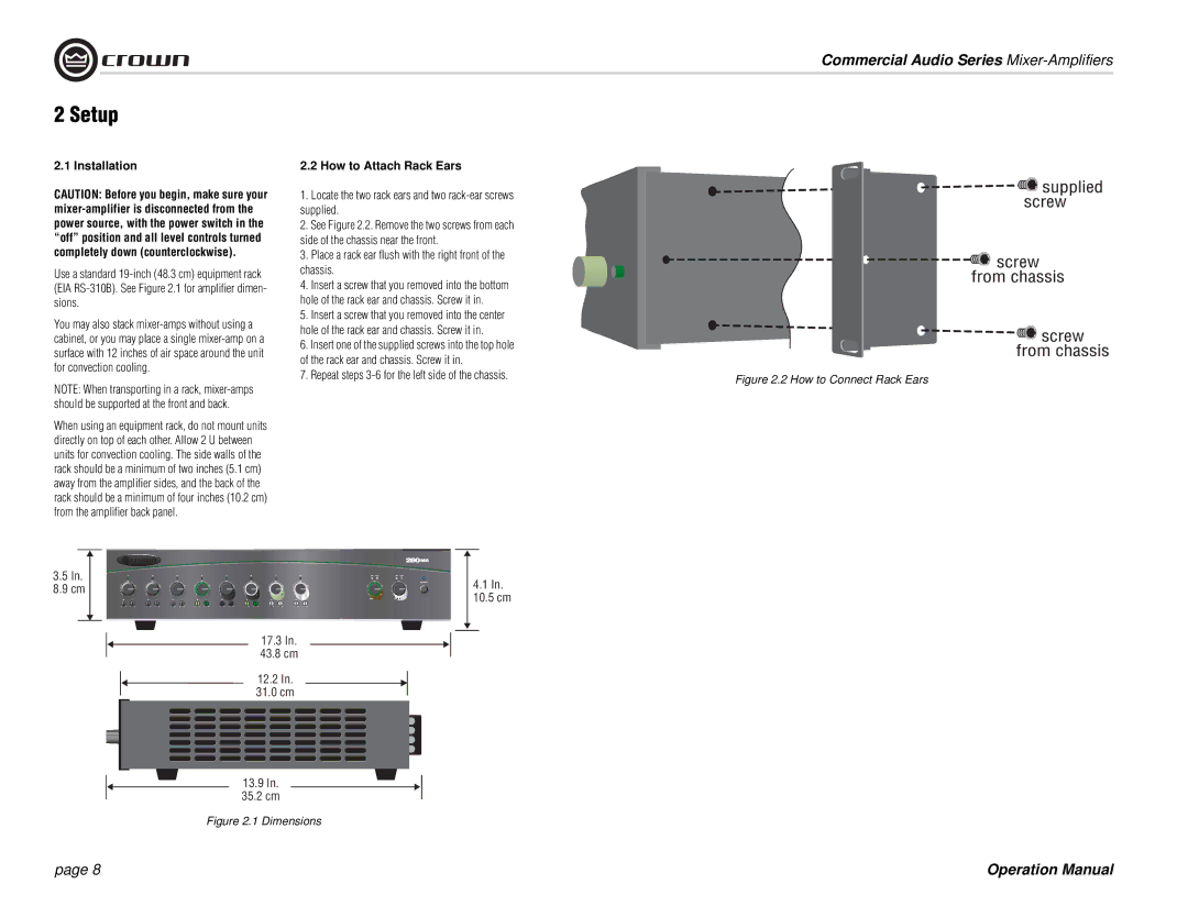 Crown Audio 280MA, 180MA operation manual Setup, Installation, How to Attach Rack Ears 