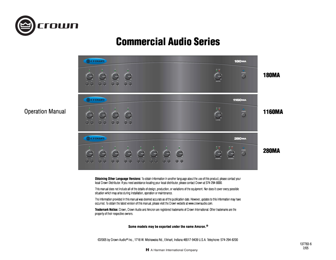 Crown Audio 180MA operation manual 280MA, Some models may be exported under the name Amcron, Commercial Audio Series 