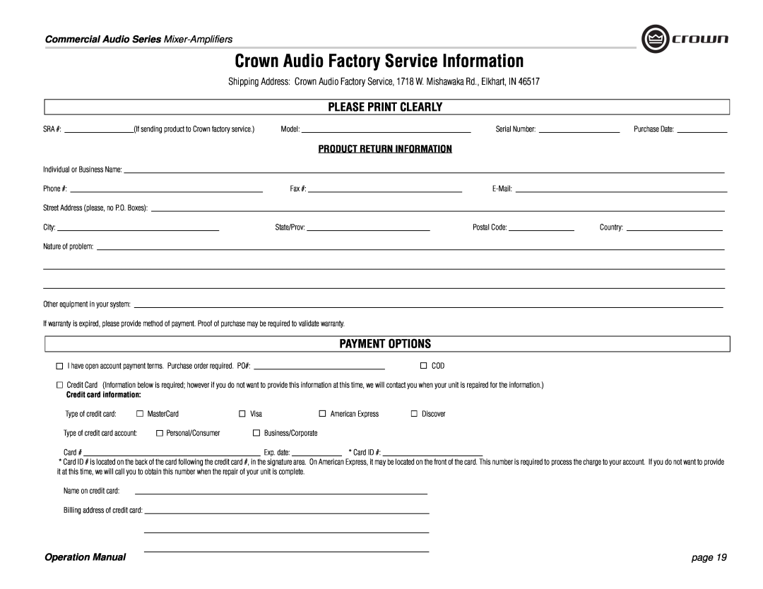 Crown Audio 180MA Product Return Information, Credit card information, Crown Audio Factory Service Information, page 