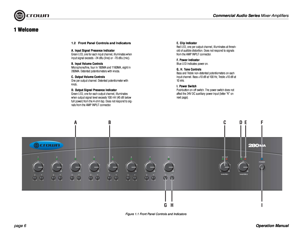 Crown Audio 280MA Front Panel Controls and Indicators, A. Input Signal Presence Indicator, B. Input Volume Controls, page 