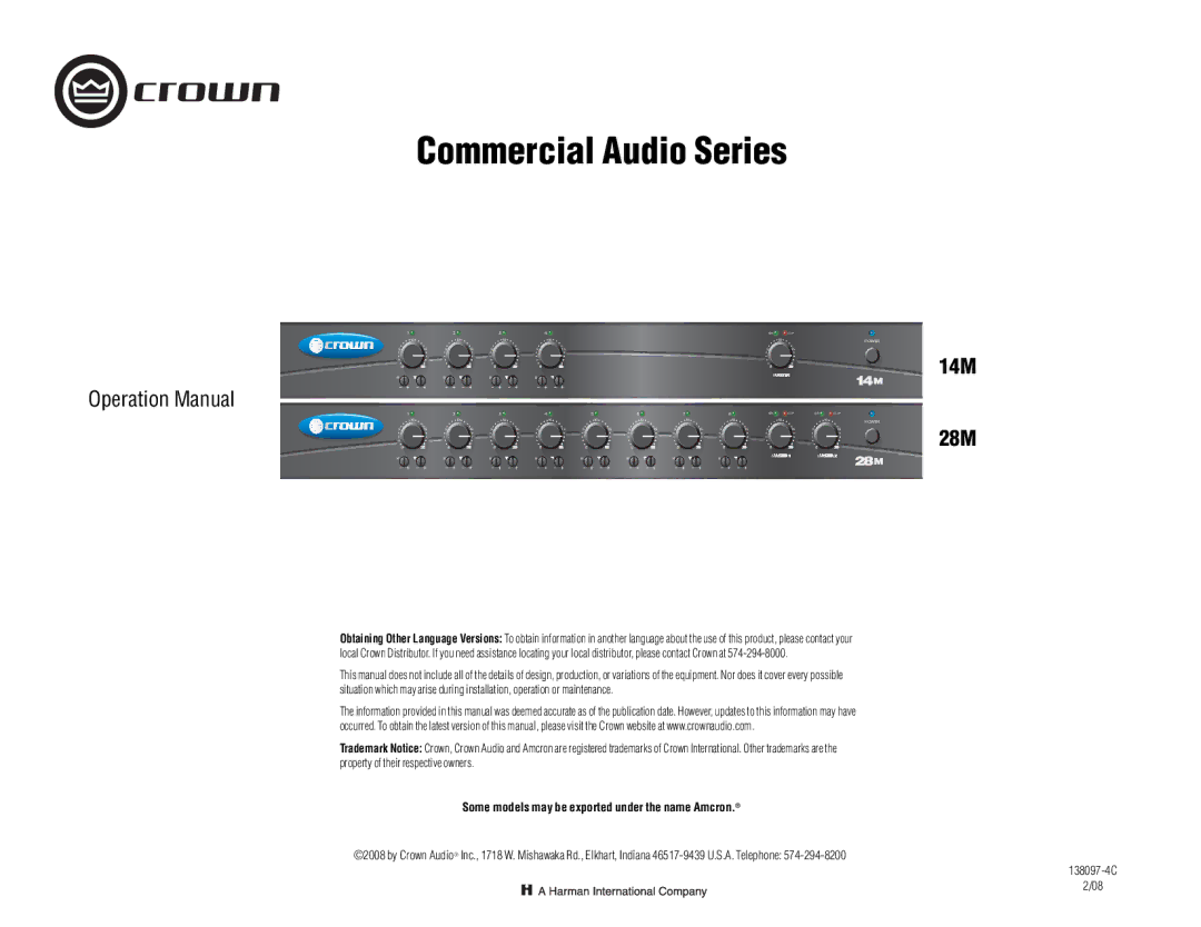 Crown Audio 14M, 28M operation manual Commercial Audio Series, Some models may be exported under the name Amcron 