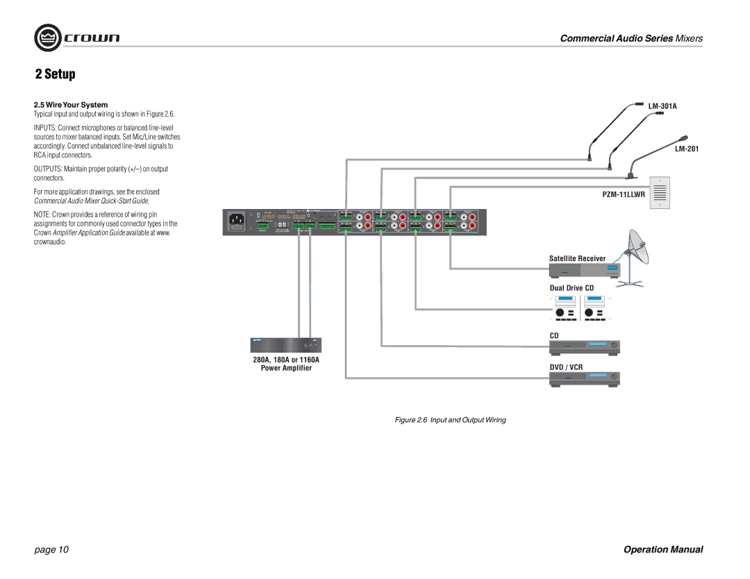 Crown Audio 28M, 14M operation manual WireYour System, Typical input and output wiring is shown in Figure 