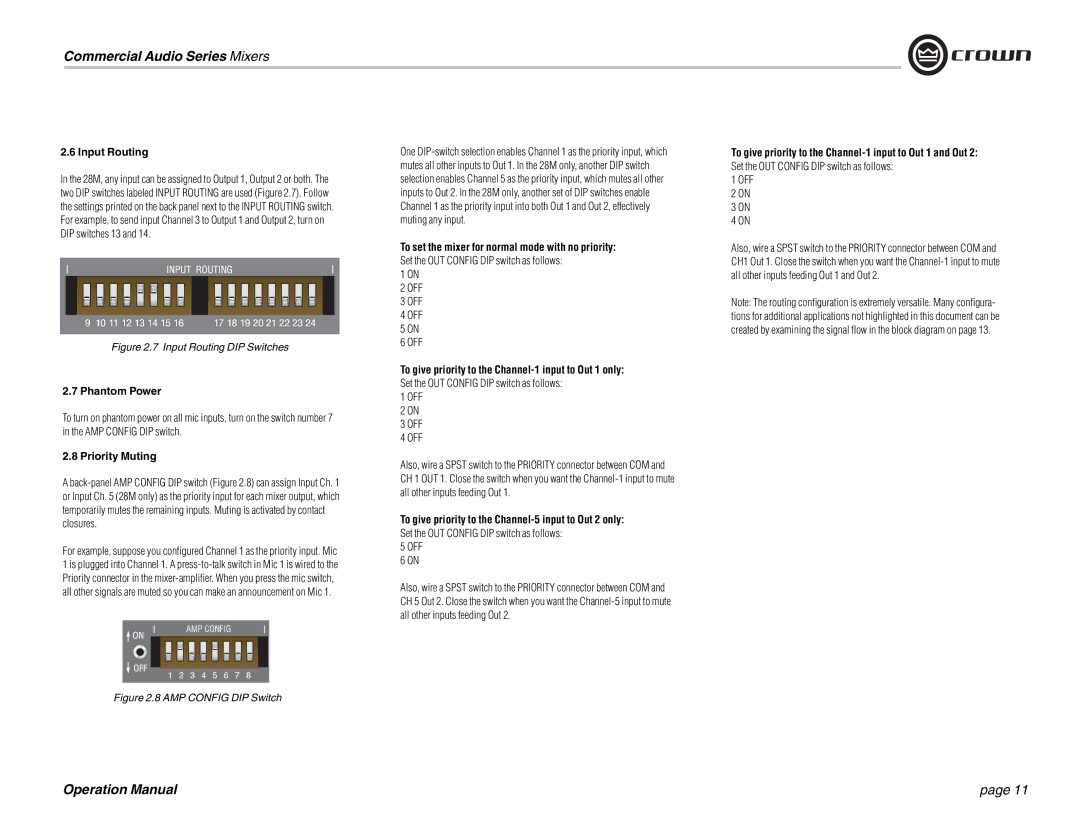 Crown Audio 14M, 28M operation manual Input Routing, Phantom Power, Priority Muting 