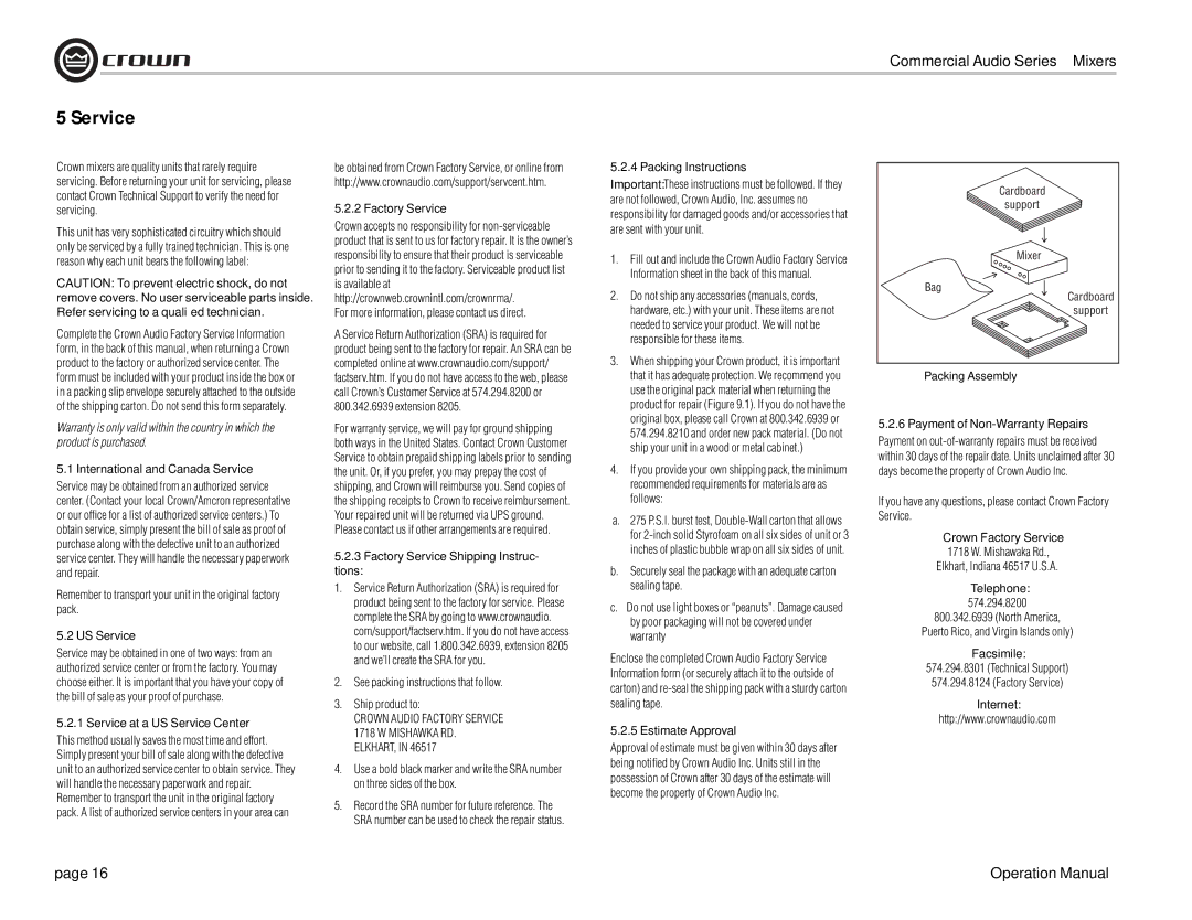 Crown Audio 28M, 14M operation manual Service 