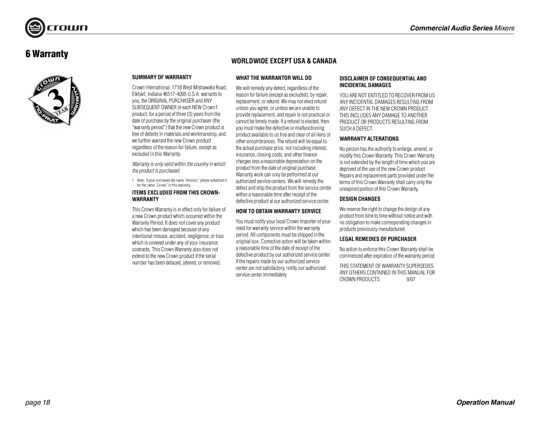 Crown Audio 28M, 14M operation manual Worldwide Except USA & Canada, Items Excluded from this CROWN- Warranty 