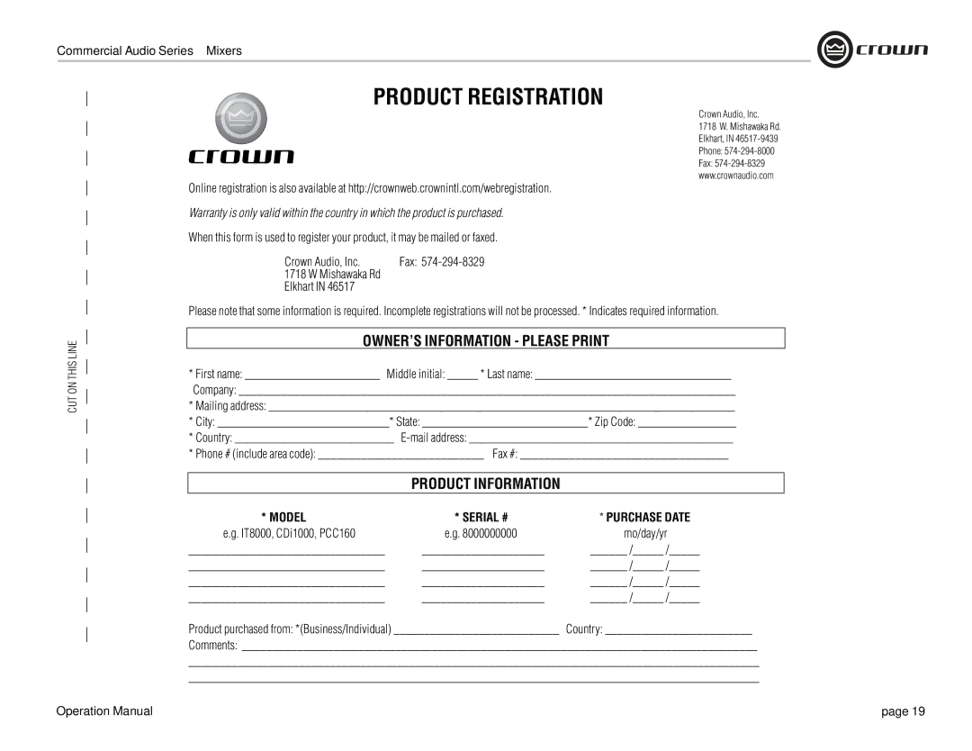 Crown Audio 14M, 28M operation manual Model Serial #, Crown Audio, Inc, Fax, Mishawaka Rd 