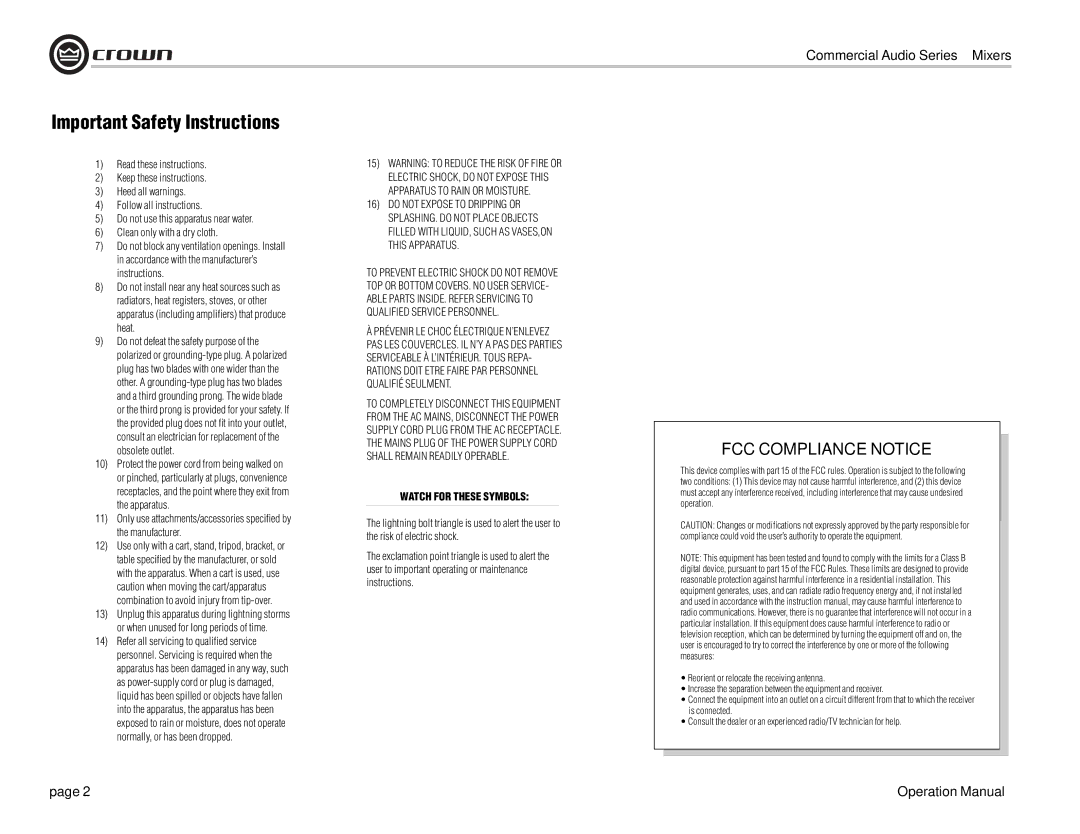 Crown Audio 28M, 14M operation manual Important Safety Instructions, Watch for These Symbols 