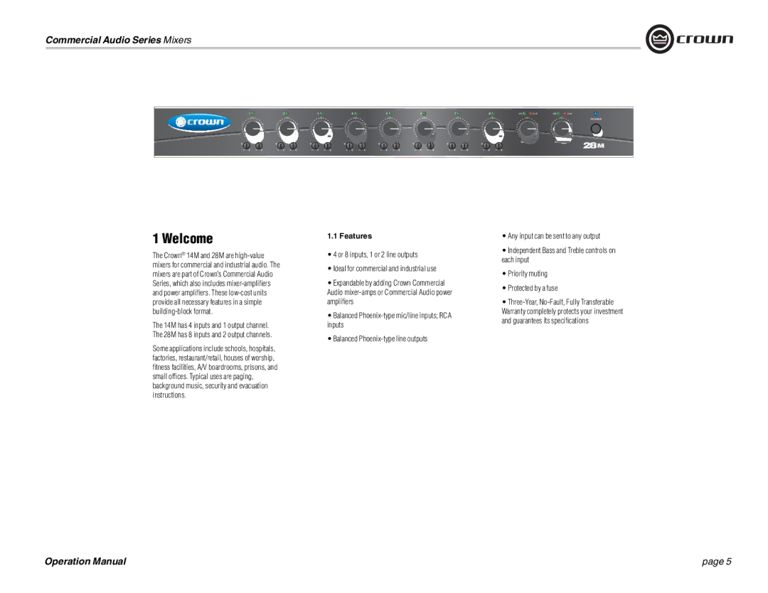 Crown Audio 14M, 28M operation manual Welcome, Features 