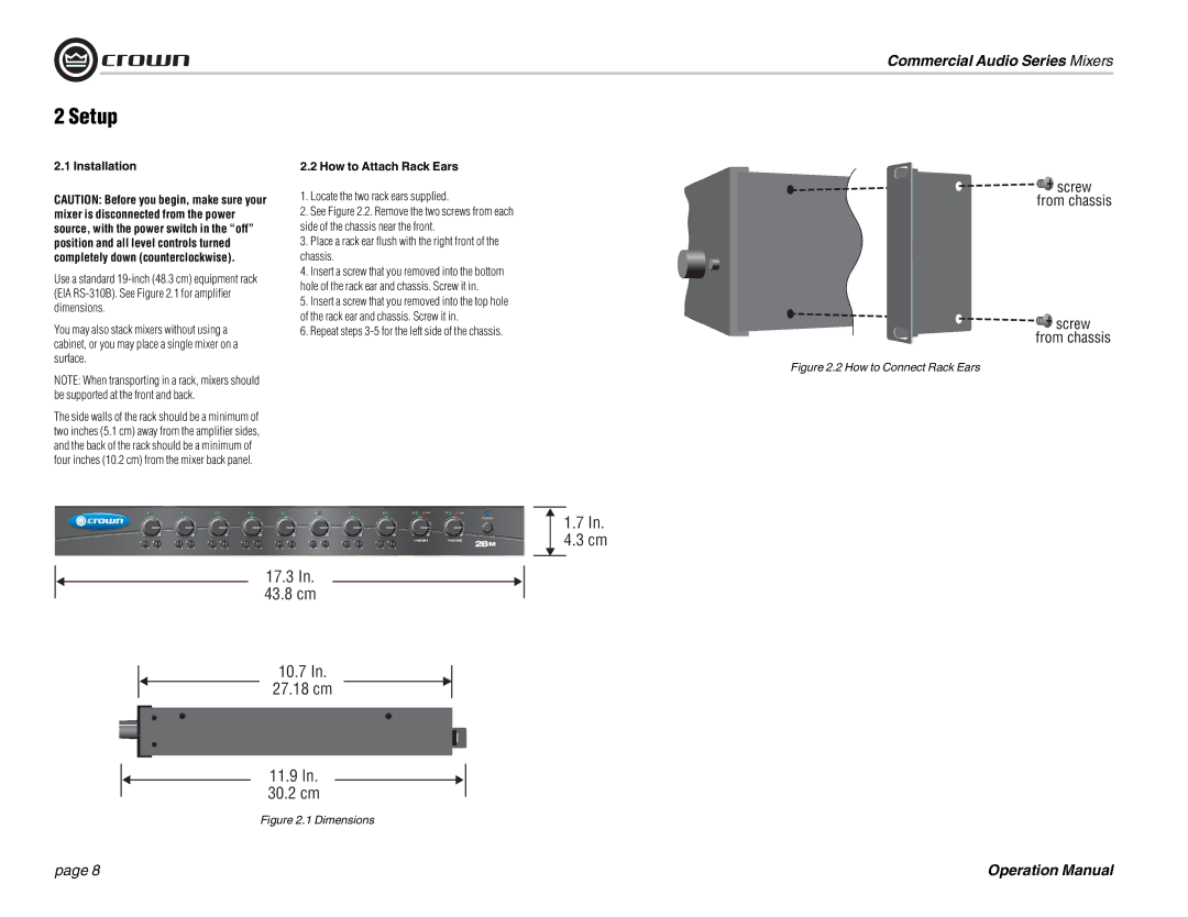 Crown Audio 28M, 14M operation manual Setup, Installation, How to Attach Rack Ears, Locate the two rack ears supplied 