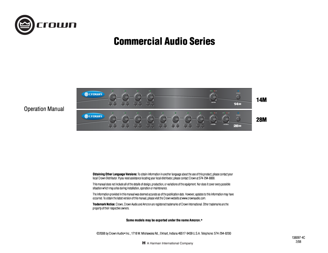 Crown Audio 14M operation manual Commercial Audio Series, Some models may be exported under the name Amcron, Power, Master 
