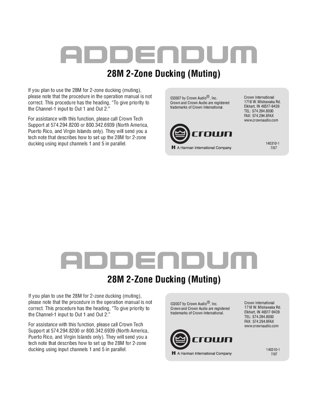 Crown Audio operation manual Addendum, 28M 2-Zone Ducking Muting 