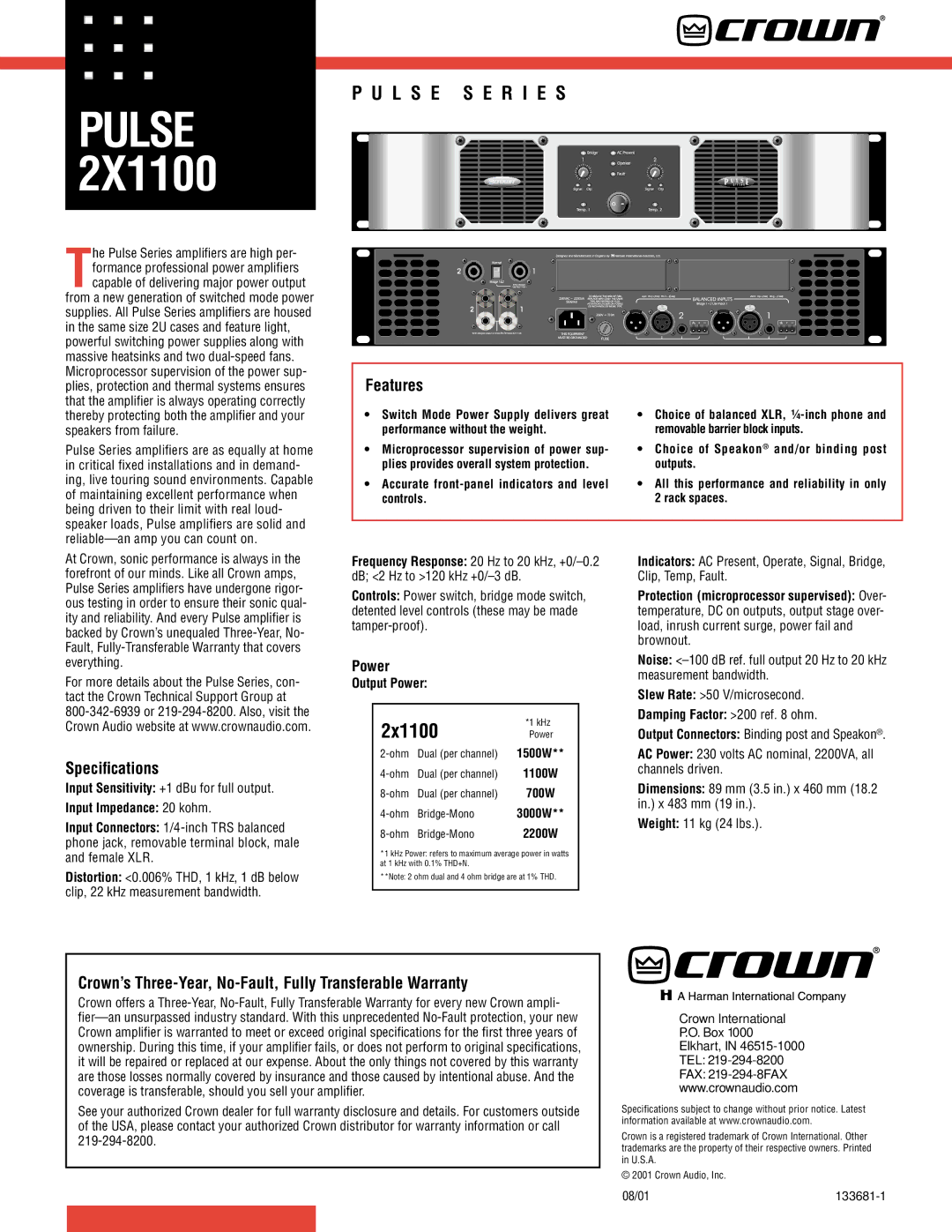 Crown Audio 2X1100 specifications Pulse, 2x1100, Features, Speciﬁcations 