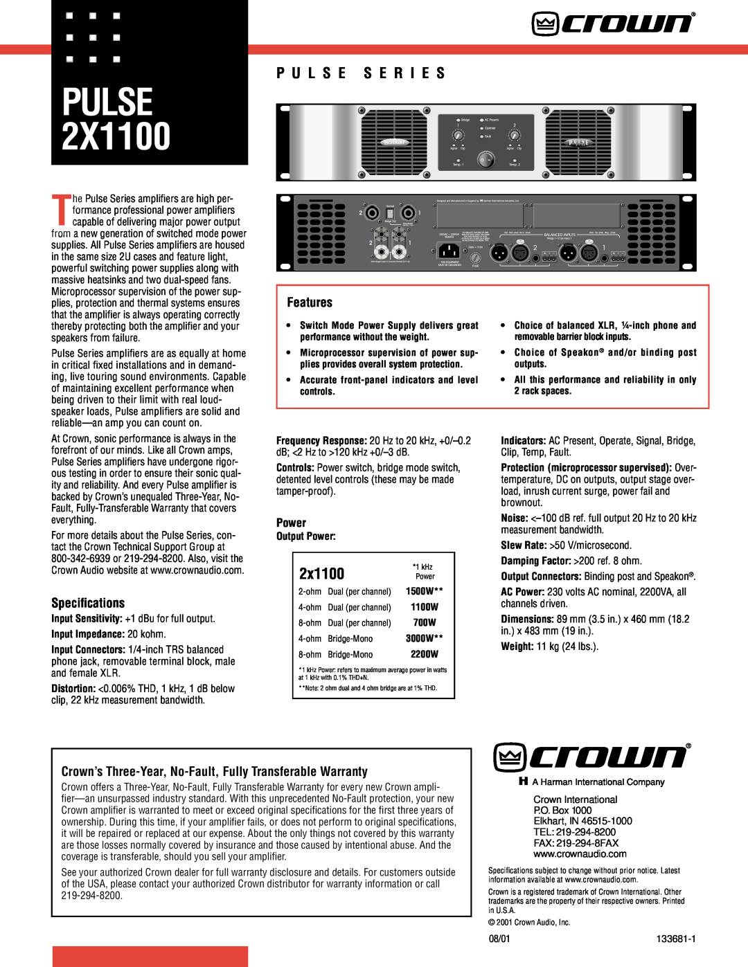 Crown Audio 2X1100 specifications Pulse, 2x1100, P U L S E S E R I E S, Features, Speciﬁcations, Power 