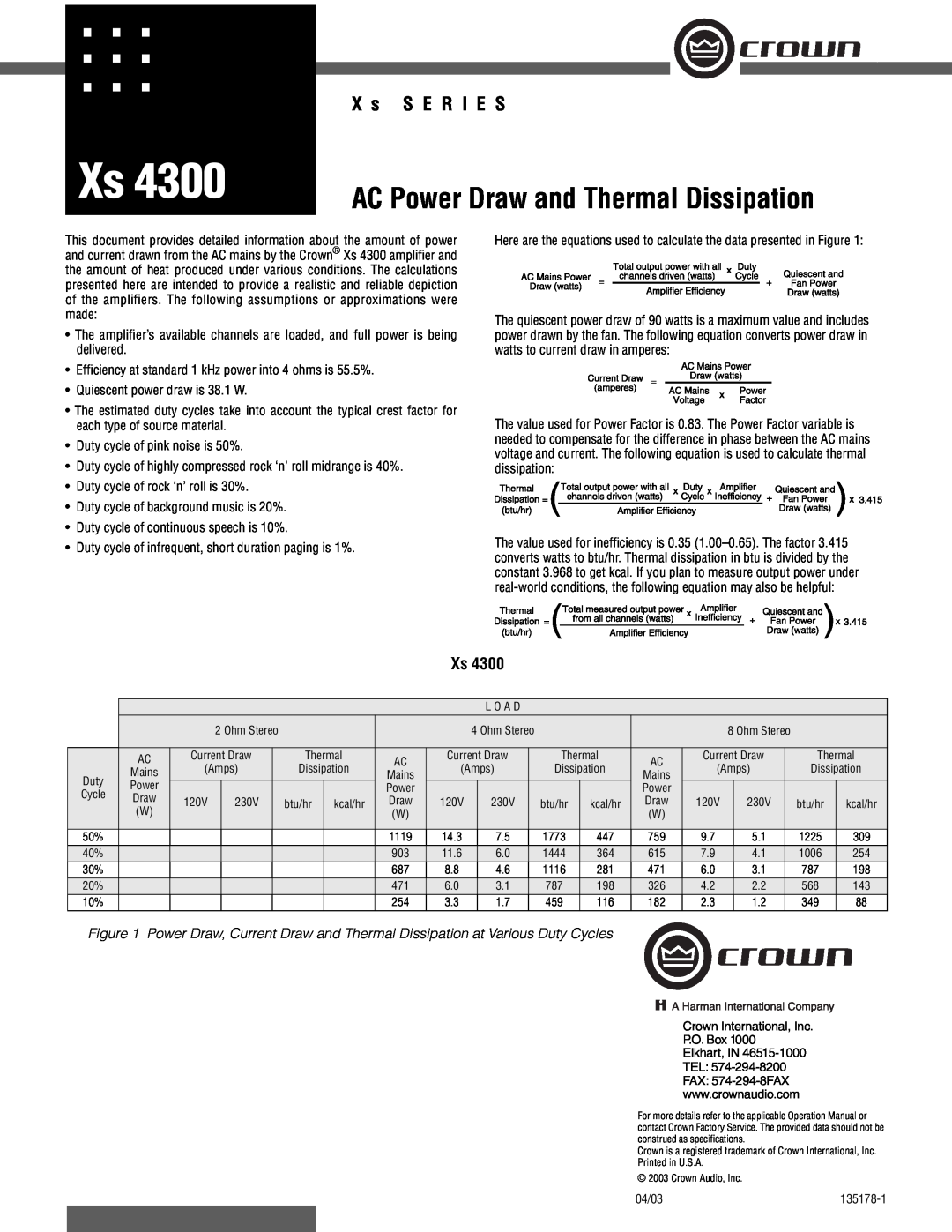 Crown Audio 4300 operation manual AC Power Draw and Thermal Dissipation, X s S E R I E S 