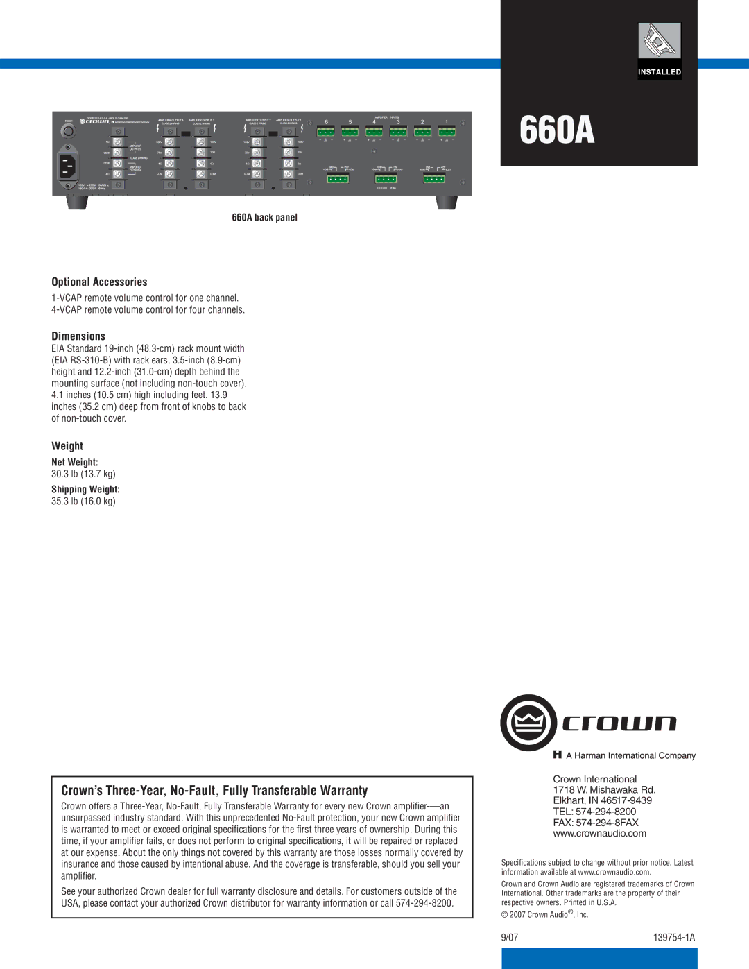 Crown Audio 660A Crown’s Three-Year, No-Fault, Fully Transferable Warranty, Optional Accessories, Dimensions, Weight 