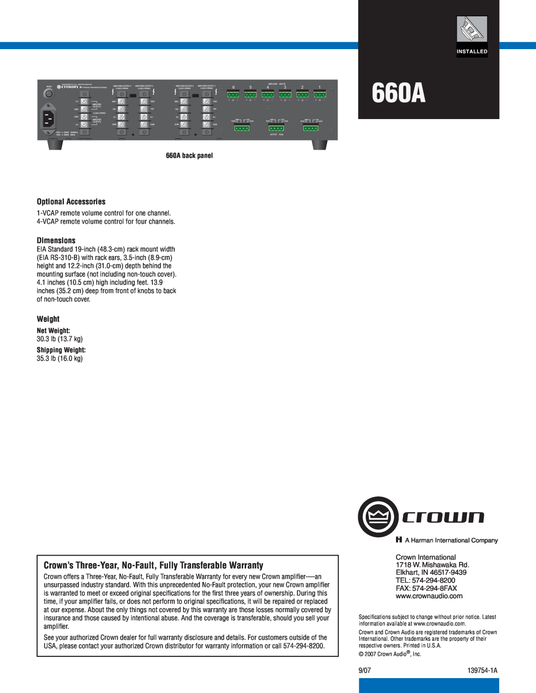 Crown Audio specifications Optional Accessories, Dimensions, 660A back panel, Net Weight, Shipping Weight 