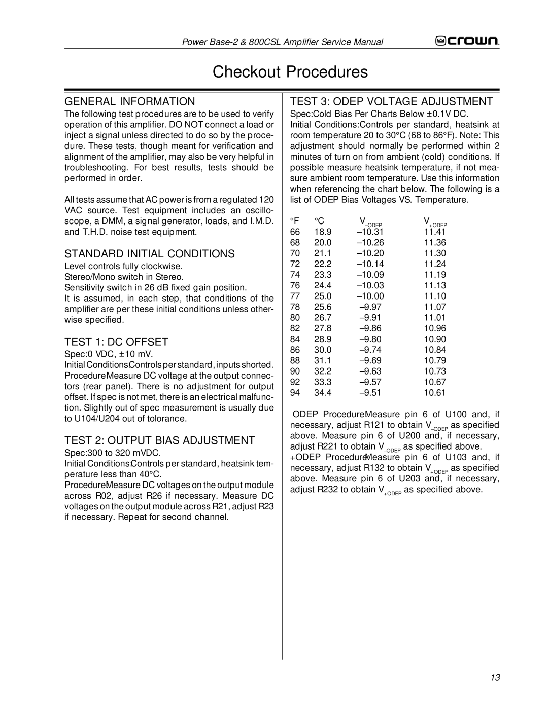 Crown Audio 800CSL Checkout Procedures, Standard Initial Conditions, Test 1 DC Offset, Test 2 Output Bias Adjustment 