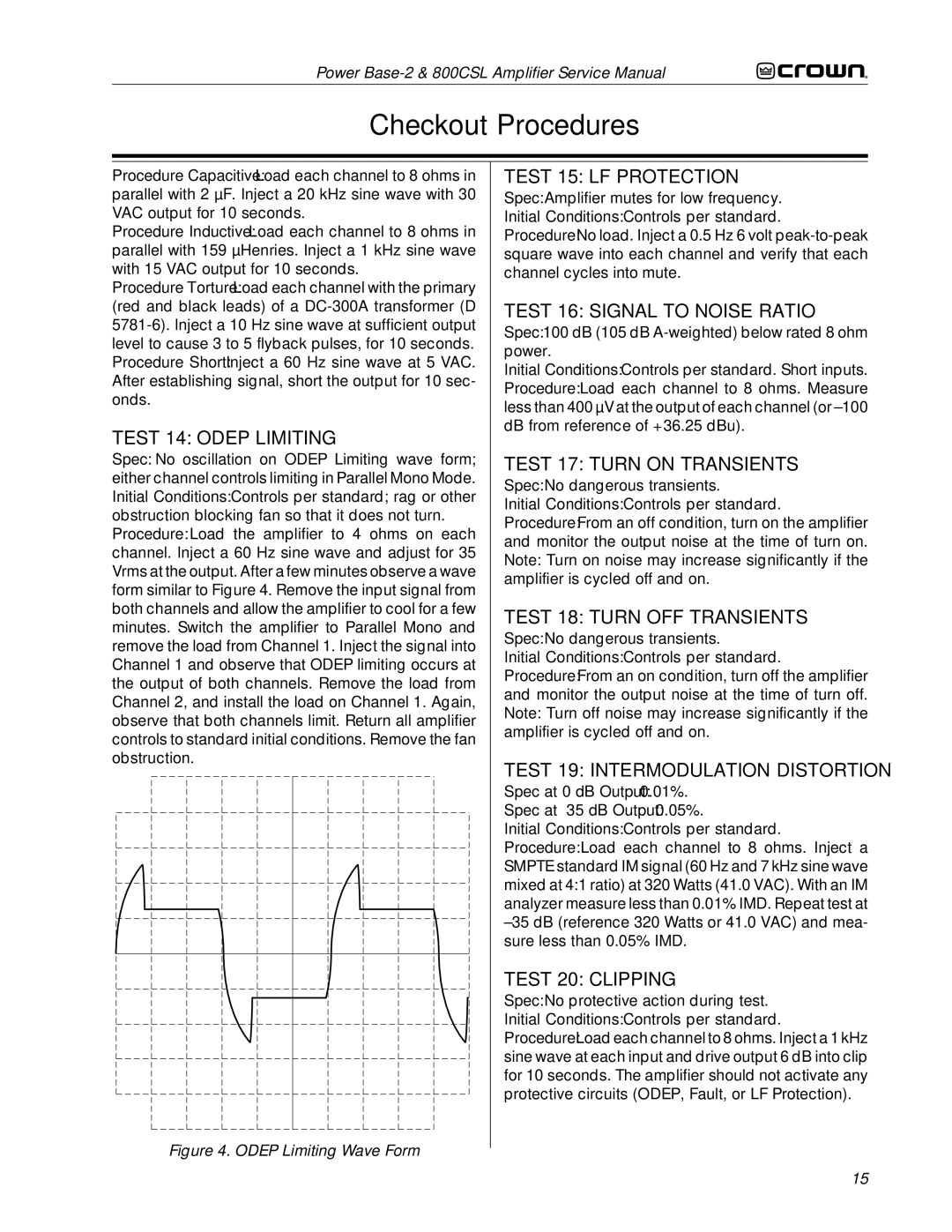 Crown Audio 800CSL Test 14 Odep Limiting, Test 15 LF Protection, Test 16 Signal to Noise Ratio, Test 17 Turn on Transients 