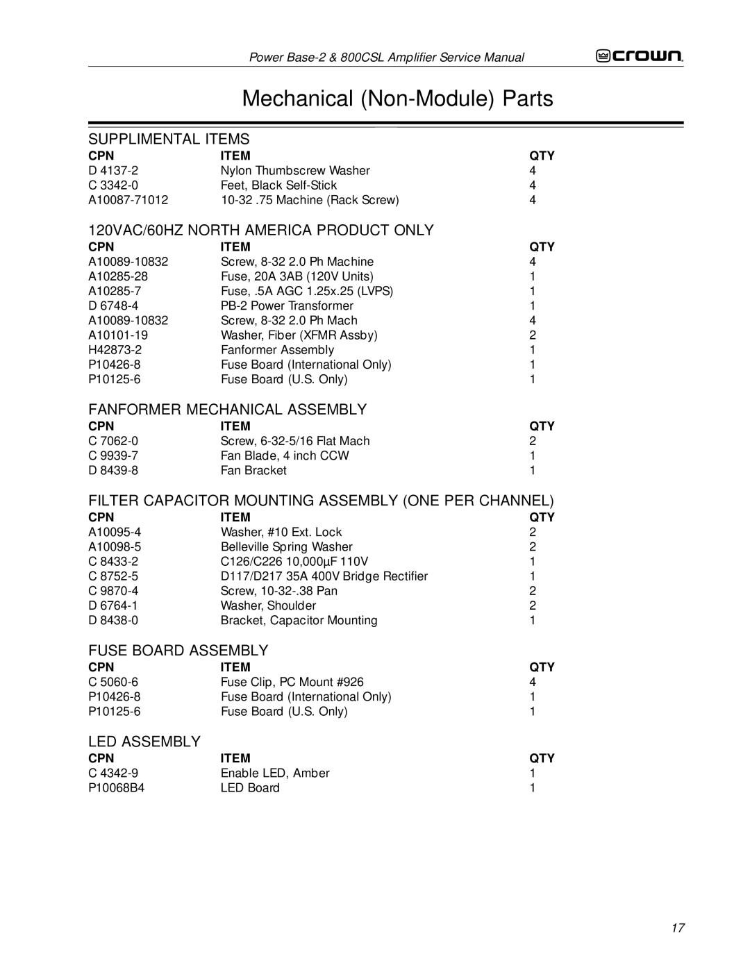 Crown Audio 800CSL service manual Mechanical Non-Module Parts 