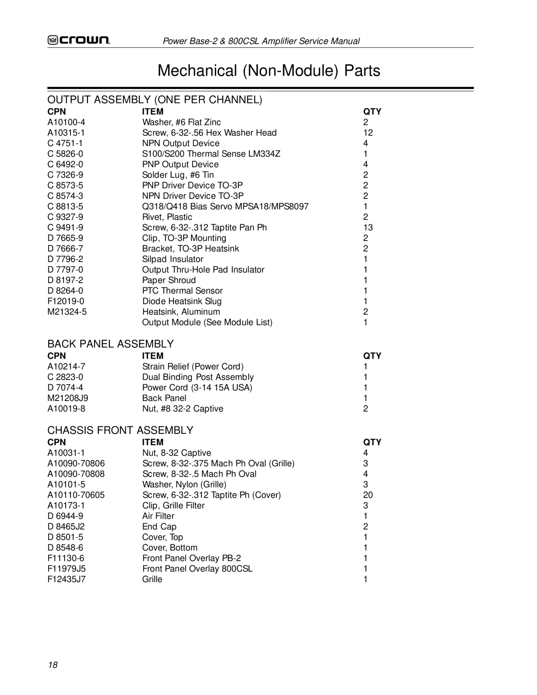 Crown Audio 800CSL service manual Output Assembly ONE PER Channel, Back Panel Assembly, Chassis Front Assembly 