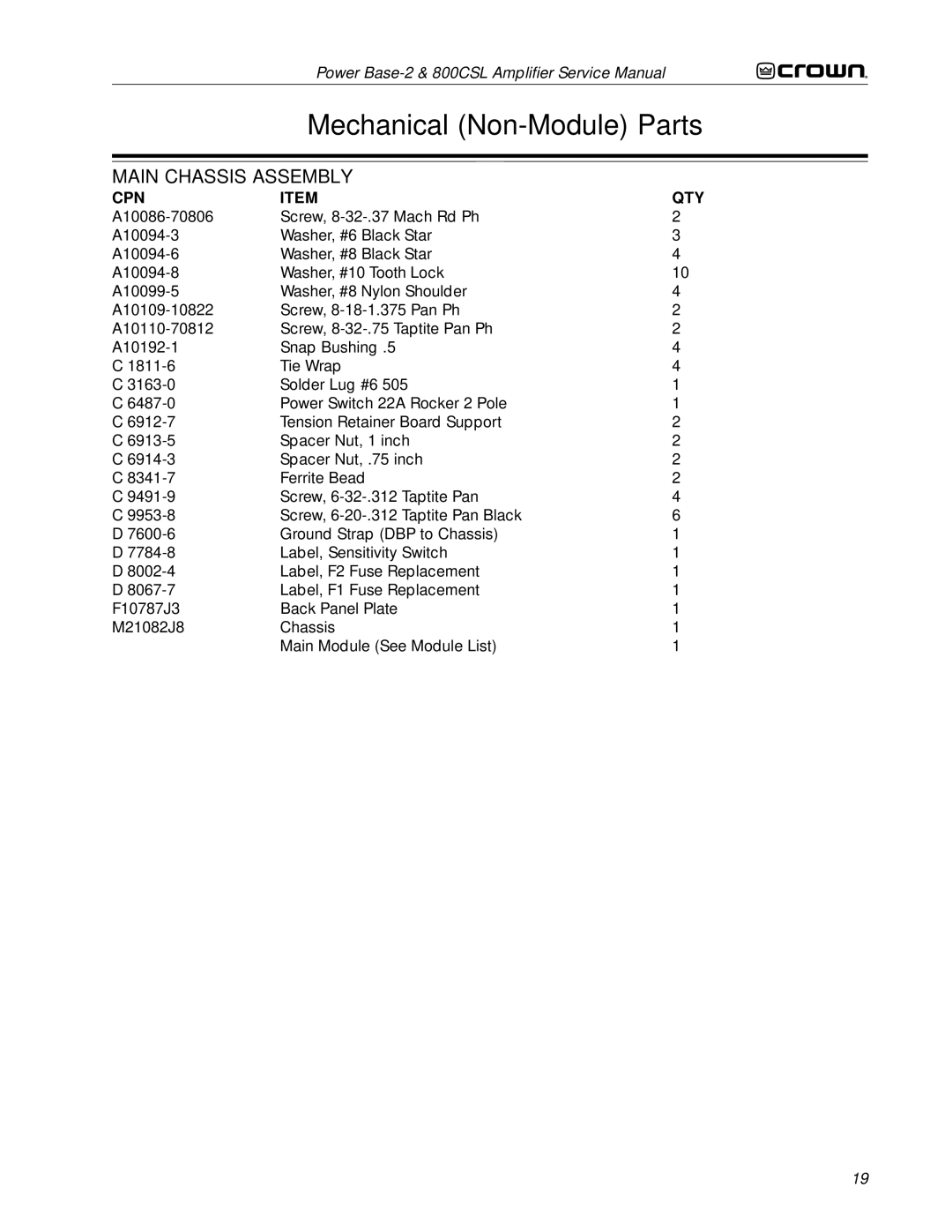 Crown Audio 800CSL service manual Main Chassis Assembly 