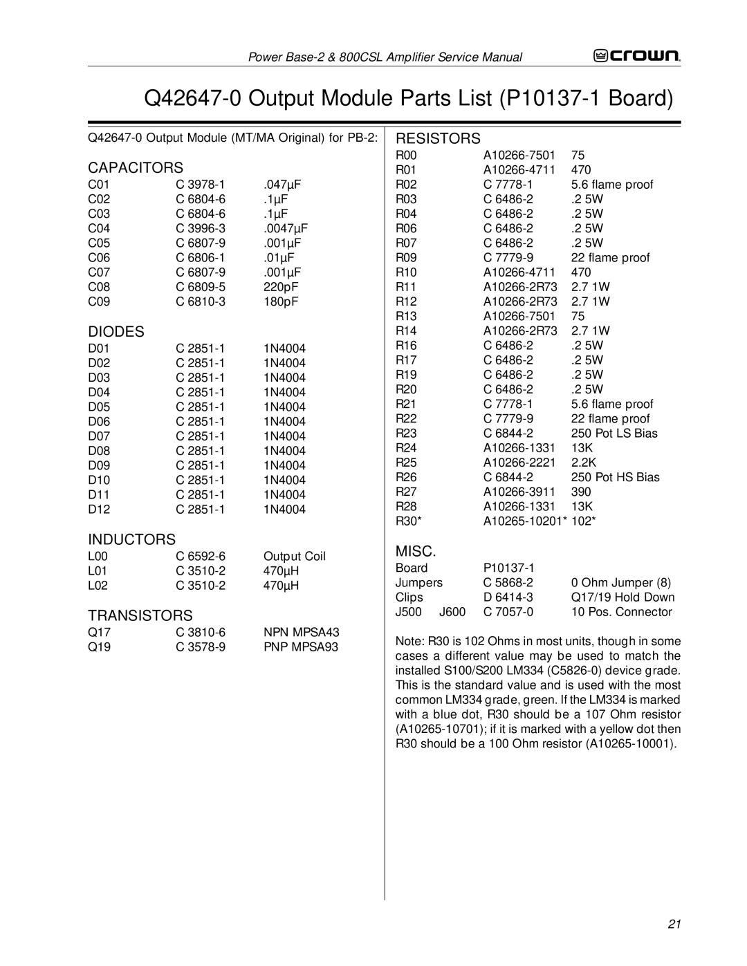 Crown Audio 800CSL service manual Q42647-0 Output Module Parts List P10137-1 Board 