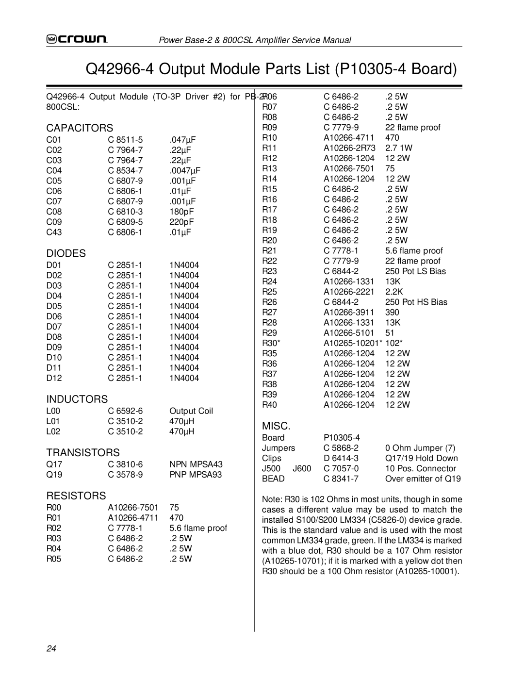 Crown Audio 800CSL service manual Q42966-4 Output Module Parts List P10305-4 Board 