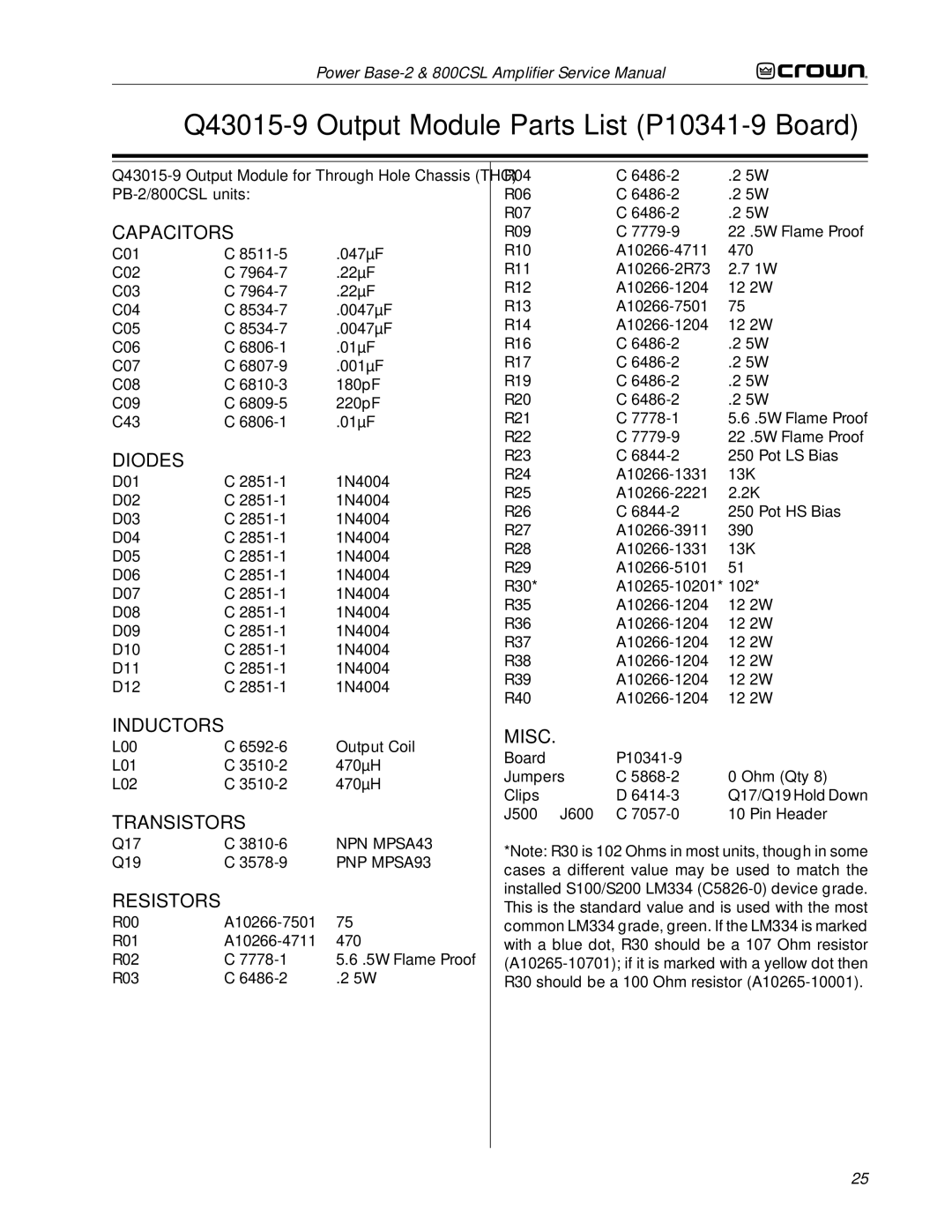 Crown Audio 800CSL service manual Q43015-9 Output Module Parts List P10341-9 Board 