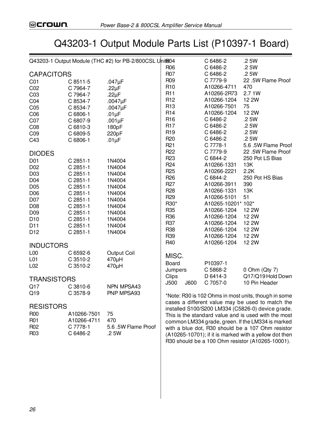 Crown Audio 800CSL service manual Q43203-1 Output Module Parts List P10397-1 Board 