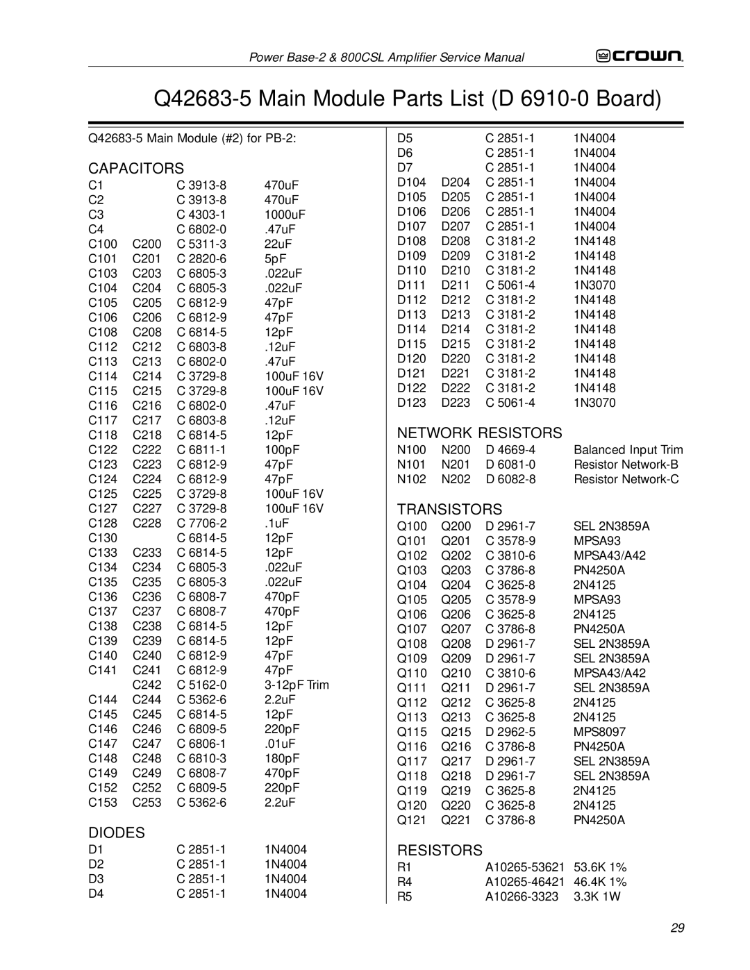 Crown Audio 800CSL service manual Q42683-5 Main Module Parts List D 6910-0 Board, Q42683-5 Main Module #2 for PB-2 