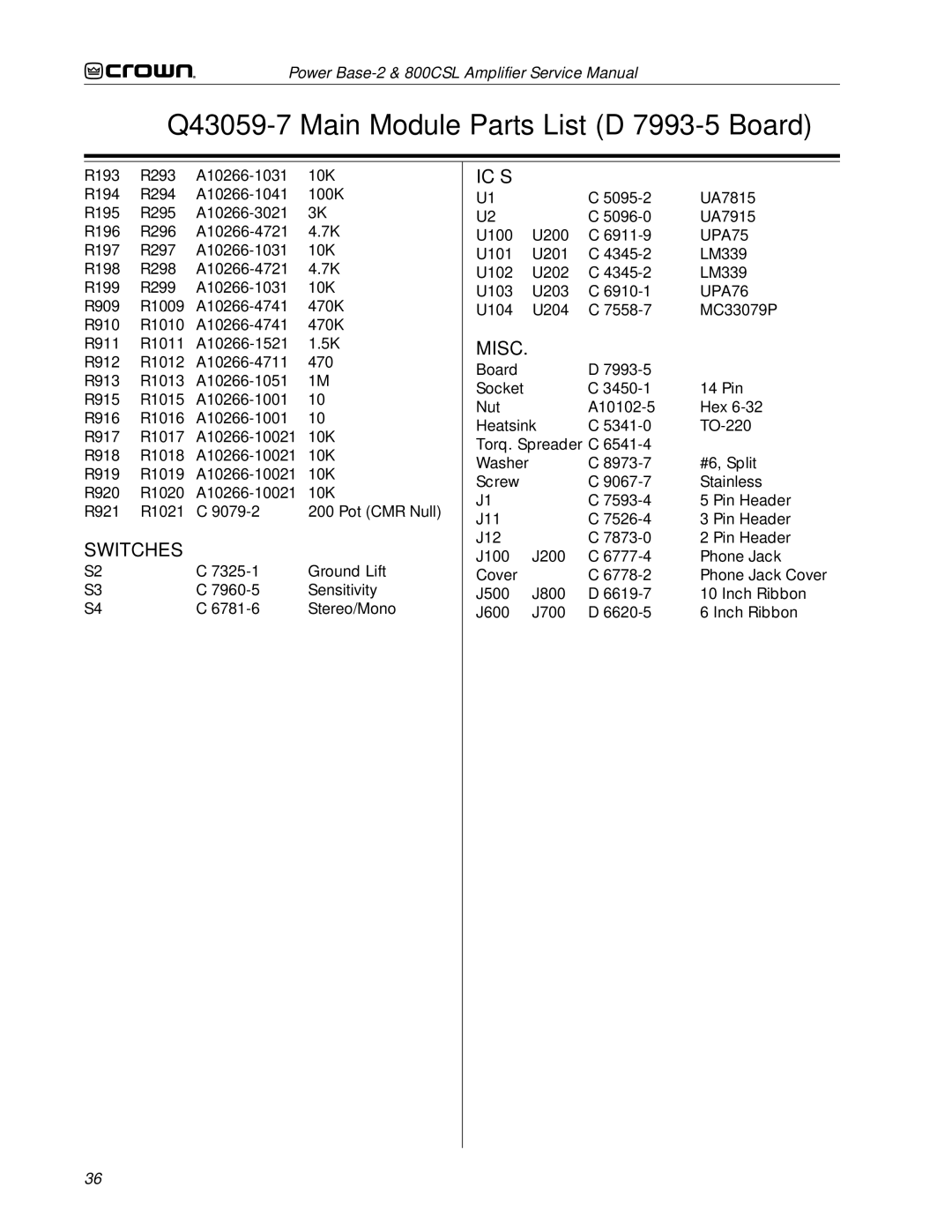 Crown Audio 800CSL service manual UPA75 