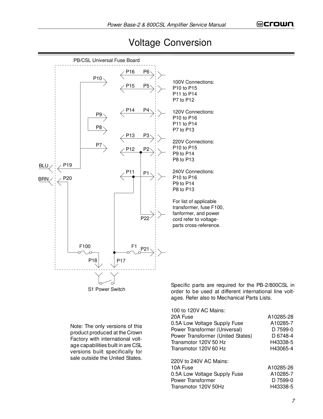 Crown Audio 800CSL service manual Voltage Conversion, Blu 