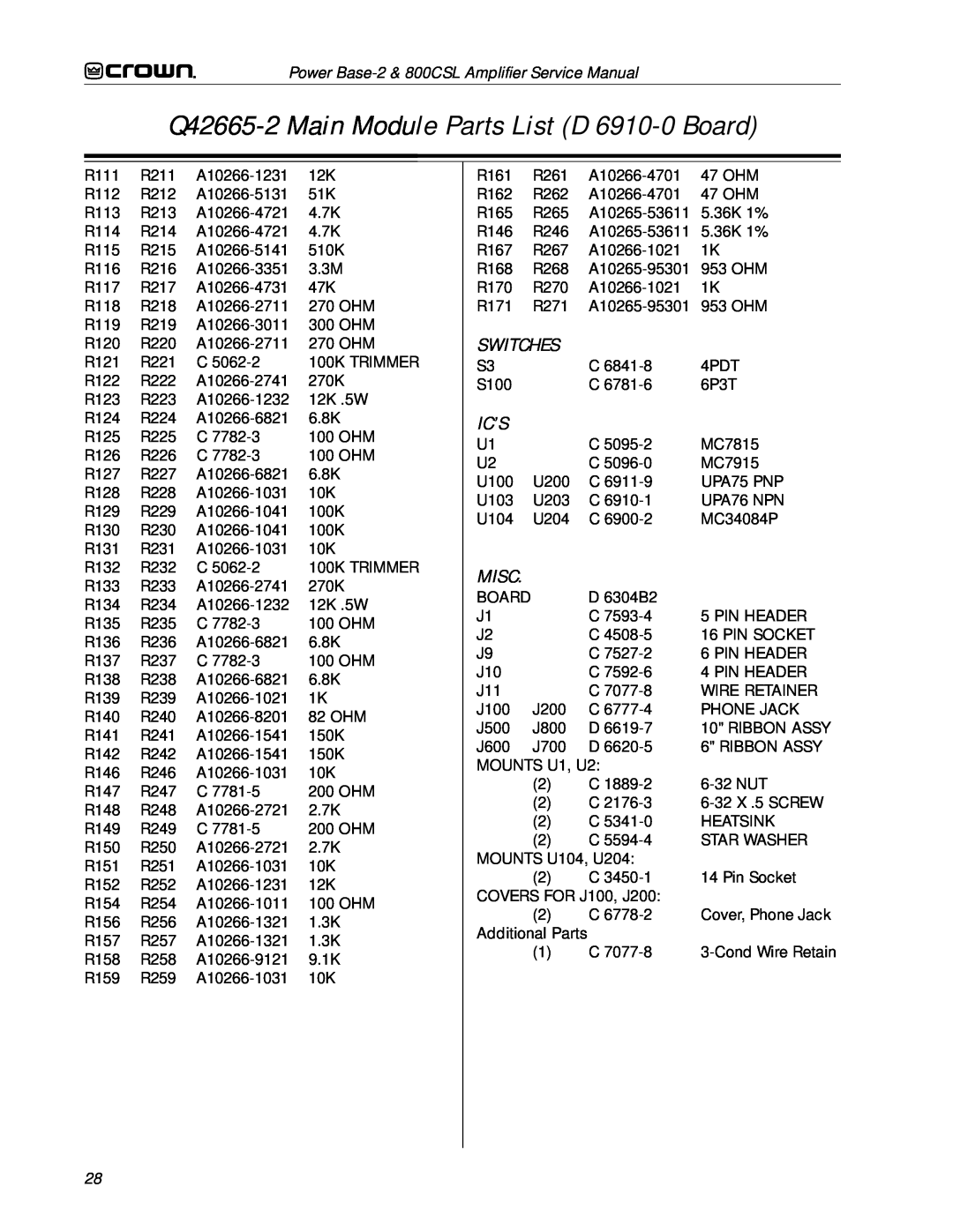 Crown Audio 800CSL service manual Switches, Ic’S, Q42665-2Main Module Parts List D 6910-0Board, Misc 