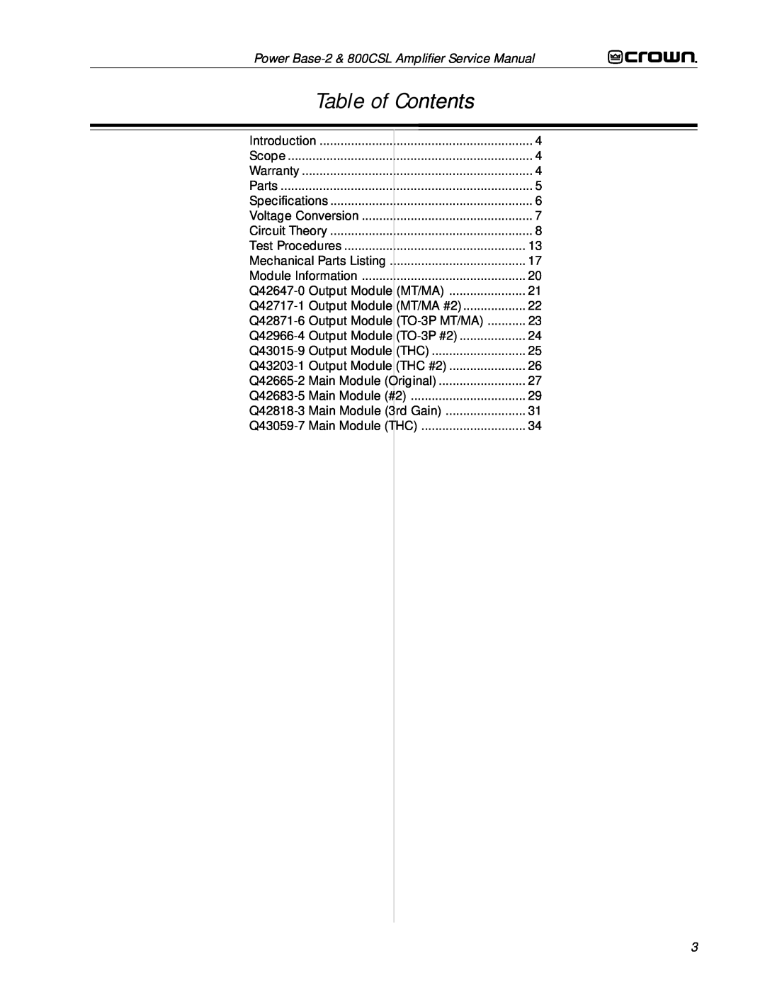 Crown Audio 800CSL service manual Table of Contents 