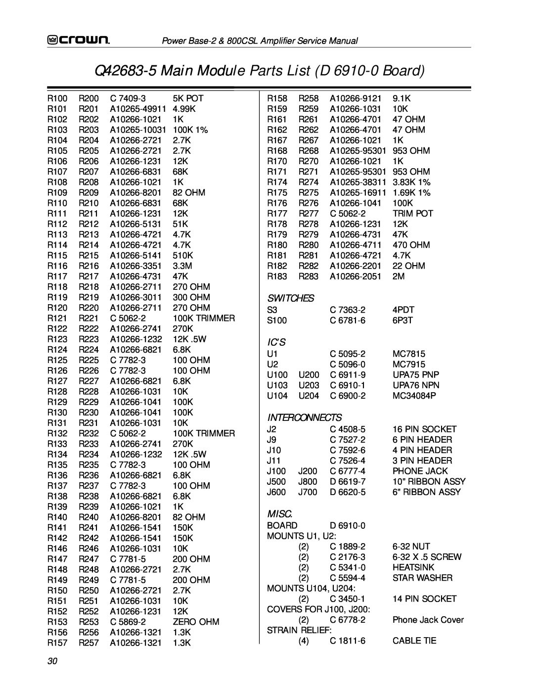 Crown Audio 800CSL service manual Interconnects, Q42683-5Main Module Parts List D 6910-0Board, Switches, Ic’S, Misc 
