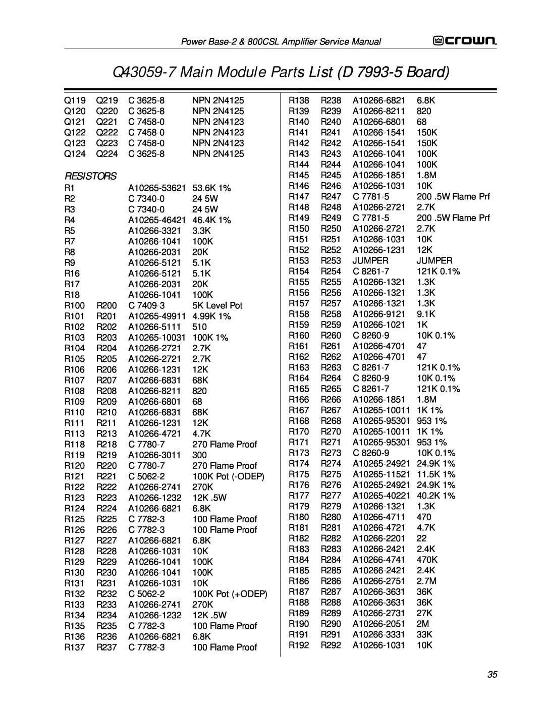 Crown Audio 800CSL service manual Q43059-7Main Module Parts List D 7993-5Board, Resistors, Q119 