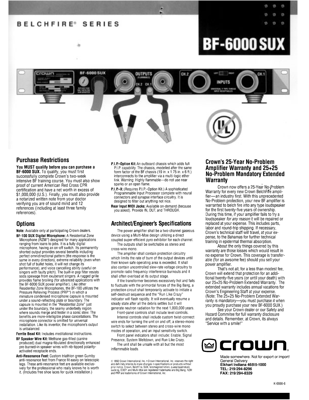 Crown Audio BF-6000 SUX manual 