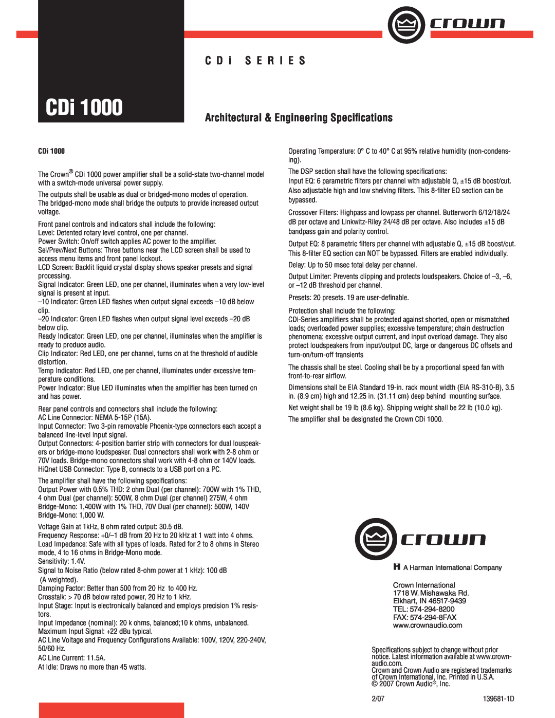 Crown Audio CDi 1000 specifications C D i S E R I E S, Architectural & Engineering Speciﬁcations 