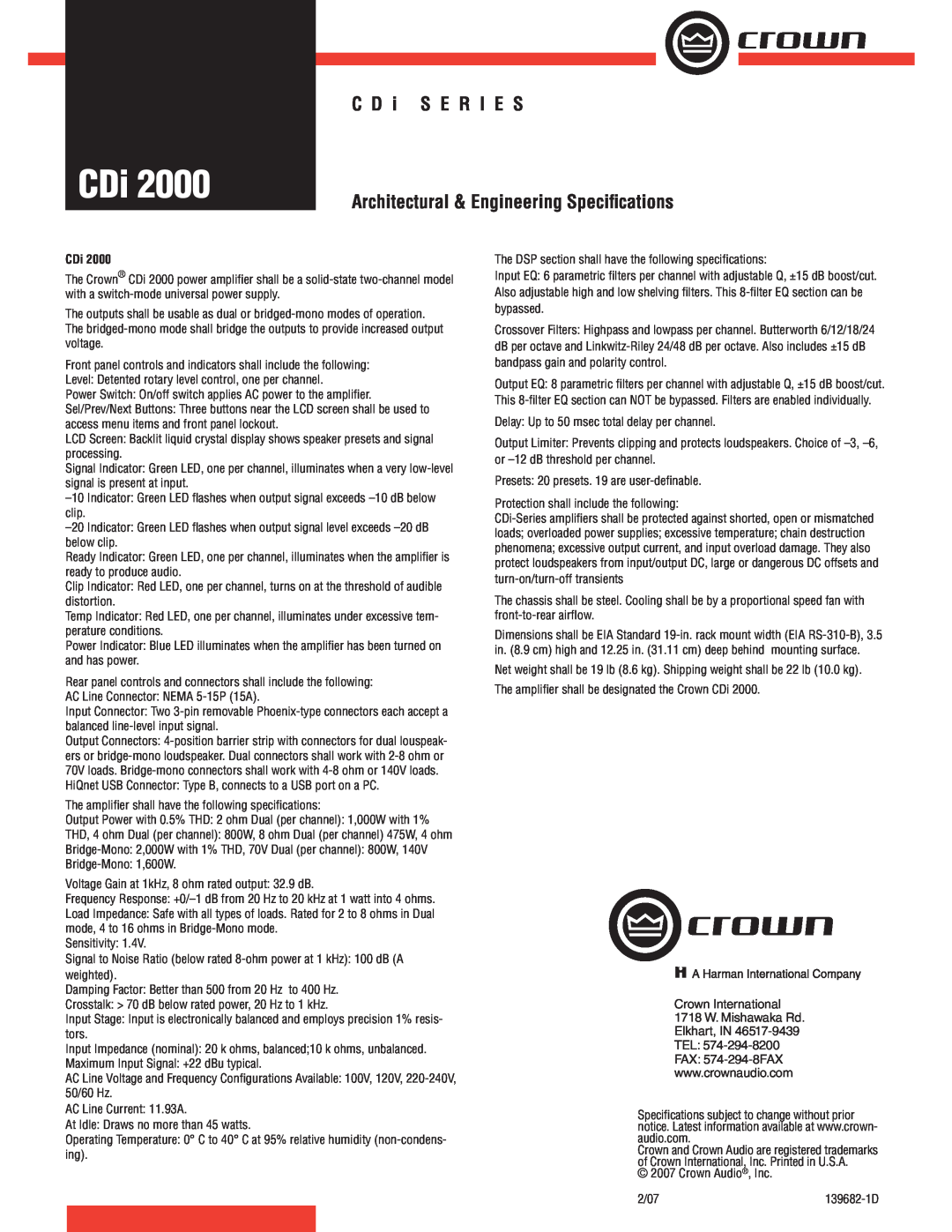 Crown Audio CDi 2000 specifications C D i S E R I E S, Architectural & Engineering Speciﬁcations 