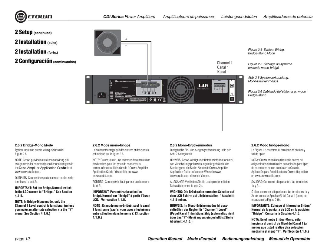 Crown Audio CDi 4000, CDi 2000 Bridge-Mono Mode, Mode mono-bridgé, Sorties Connectez le haut-parleur aux borniers 1+ et 2+ 