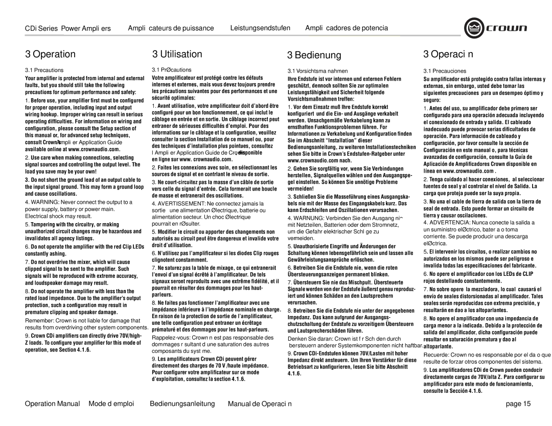 Crown Audio CDi 6000, CDi 4000, CDi 2000, CDi 1000 operation manual Operation, Utilisation, Bedienung, Operación 