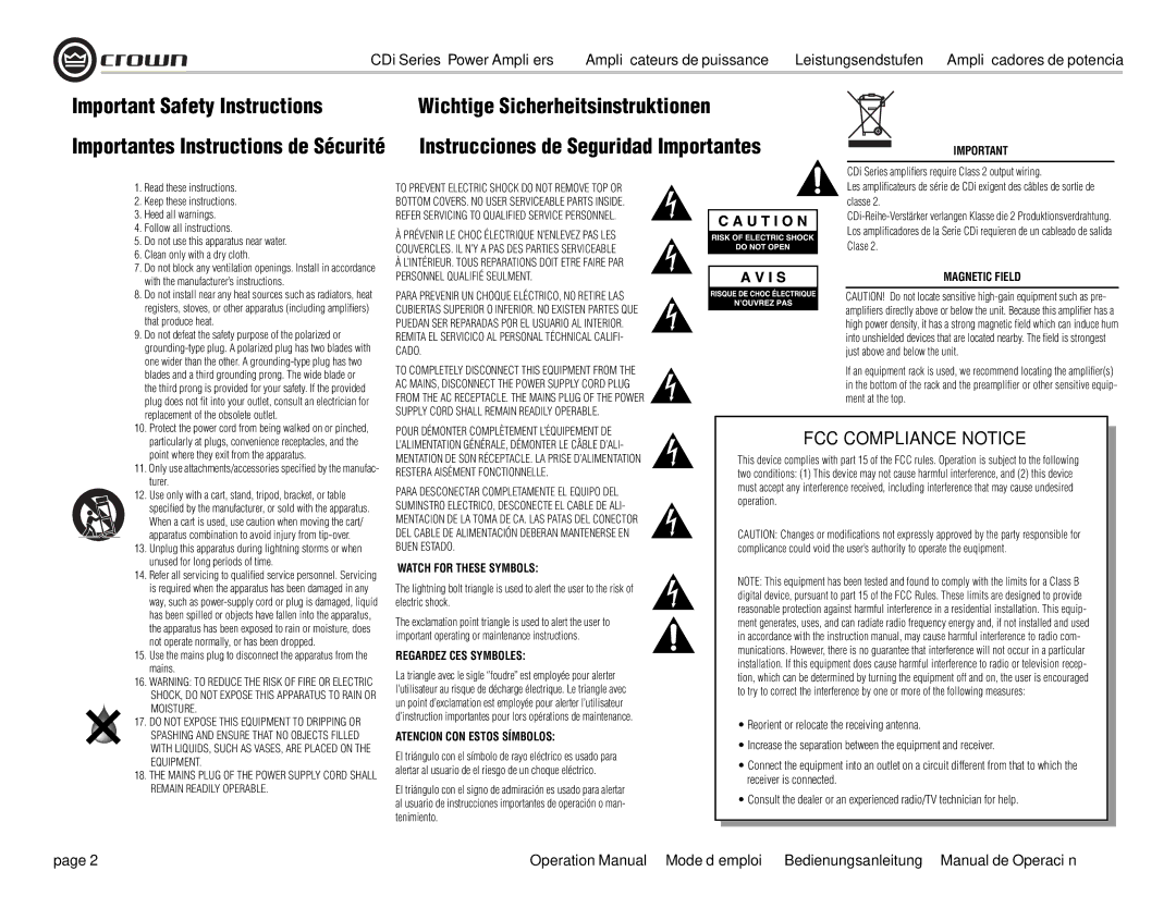 Crown Audio CDi 1000, CDi 4000, CDi 2000, CDi 6000 operation manual Important Safety Instructions, Watch for These Symbols 