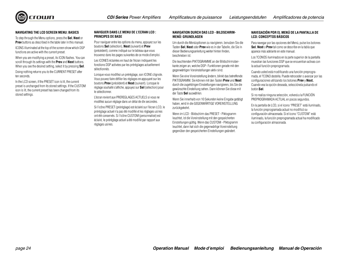 Crown Audio CDi 4000 Navigating the LCD Screen Menu Basics, Naviguer Dans LE Menu DE L’ECRAN LCD Principes DE Base 