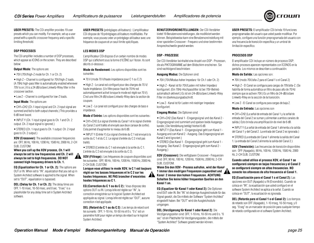 Crown Audio CDi 2000, CDi 4000 DSP Processes, LES Modes DSP, DSP Prozesse, Procesos DSP, Modo de Entrada Las opciones son 